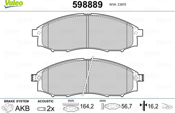 Valeo 598889 - Тормозные колодки, дисковые, комплект autospares.lv