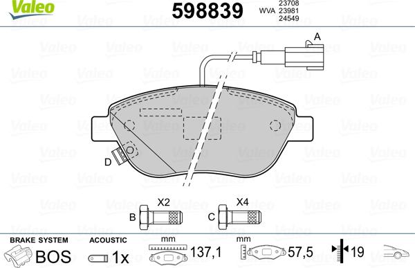 Valeo 598839 - Тормозные колодки, дисковые, комплект autospares.lv