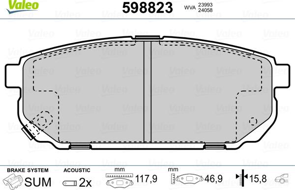 Valeo 598823 - Тормозные колодки, дисковые, комплект autospares.lv