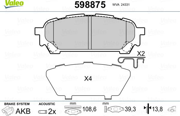 Valeo 598875 - Тормозные колодки, дисковые, комплект autospares.lv