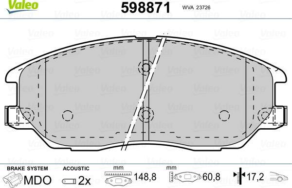 Valeo 598871 - Тормозные колодки, дисковые, комплект autospares.lv