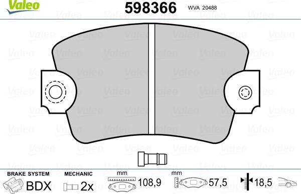 Valeo 598366 - Тормозные колодки, дисковые, комплект autospares.lv