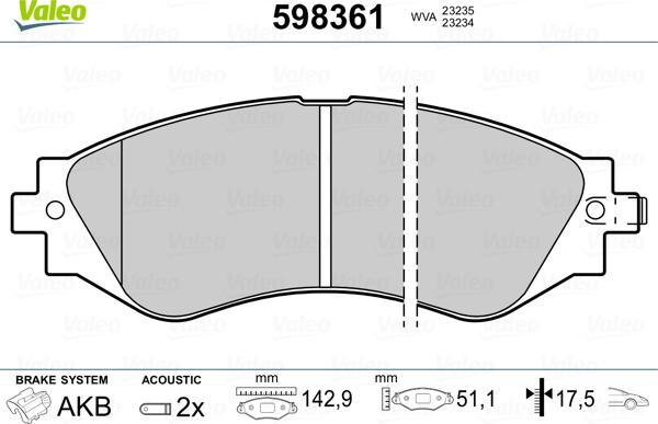 Valeo 598361 - Тормозные колодки, дисковые, комплект autospares.lv