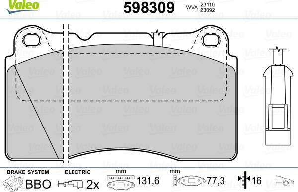 Valeo 598309 - Тормозные колодки, дисковые, комплект autospares.lv