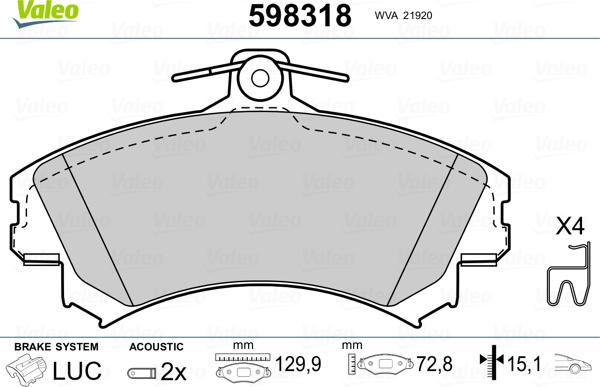 Valeo 598318 - Тормозные колодки, дисковые, комплект autospares.lv