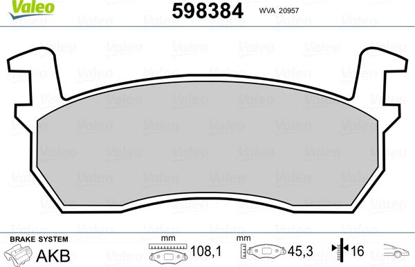 Valeo 598384 - Тормозные колодки, дисковые, комплект autospares.lv