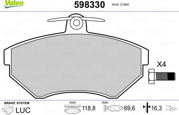 Valeo 598330 - Тормозные колодки, дисковые, комплект autospares.lv