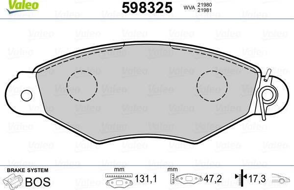 Valeo 598325 - Тормозные колодки, дисковые, комплект autospares.lv