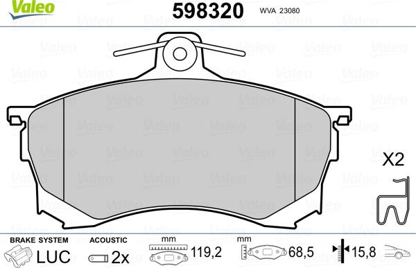 Valeo 598320 - Тормозные колодки, дисковые, комплект autospares.lv