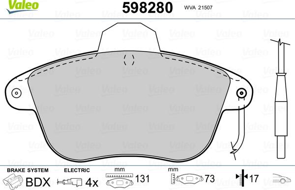 Valeo 598280 - Тормозные колодки, дисковые, комплект autospares.lv