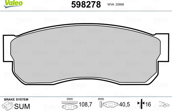 Valeo 598278 - Тормозные колодки, дисковые, комплект autospares.lv