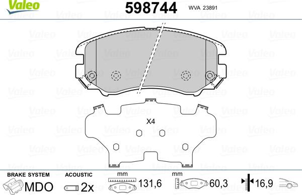 Valeo 598744 - Тормозные колодки, дисковые, комплект autospares.lv