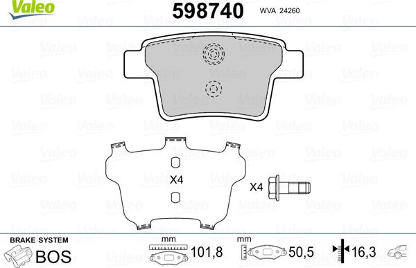 Valeo 598740 - Тормозные колодки, дисковые, комплект autospares.lv