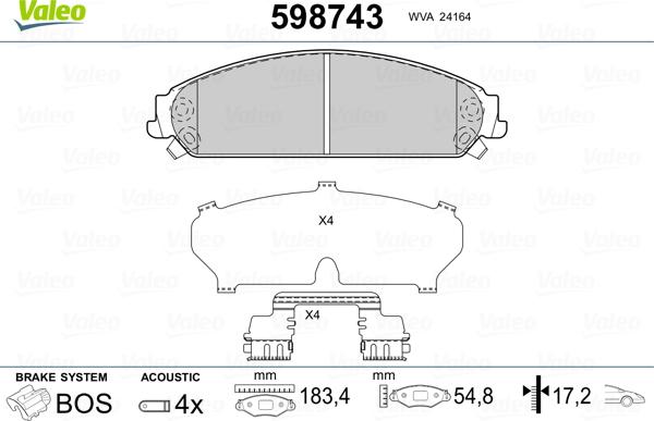 Valeo 598743 - Тормозные колодки, дисковые, комплект autospares.lv