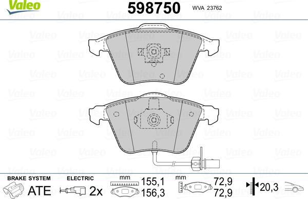 Valeo 598750 - Тормозные колодки, дисковые, комплект autospares.lv