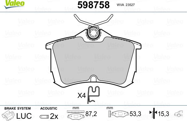 Valeo 598758 - Тормозные колодки, дисковые, комплект autospares.lv