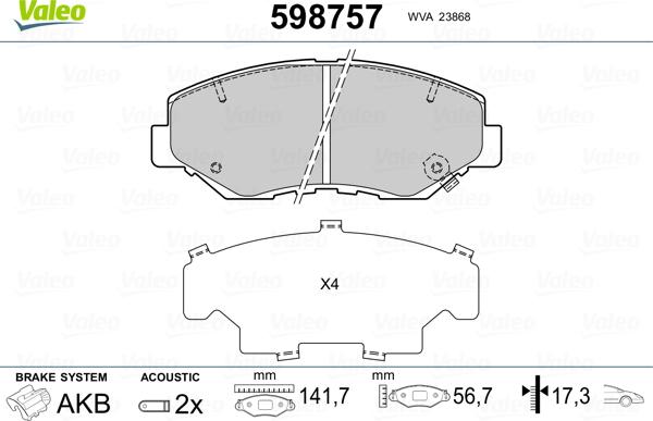 Valeo 598757 - Тормозные колодки, дисковые, комплект autospares.lv