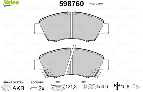 Valeo 598760 - Тормозные колодки, дисковые, комплект autospares.lv