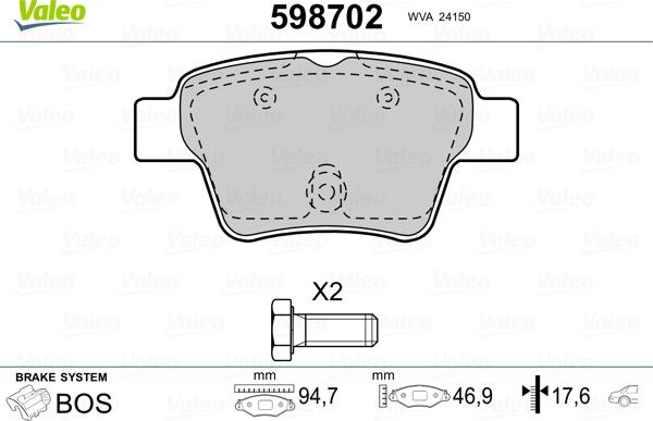 Valeo 598702 - Тормозные колодки, дисковые, комплект autospares.lv