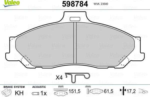 Valeo 598784 - Тормозные колодки, дисковые, комплект autospares.lv