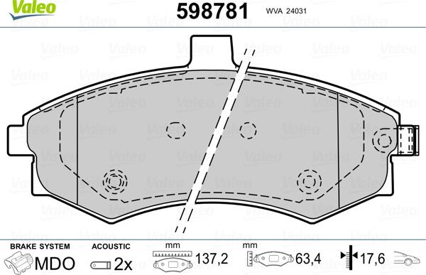 Valeo 598781 - Тормозные колодки, дисковые, комплект autospares.lv