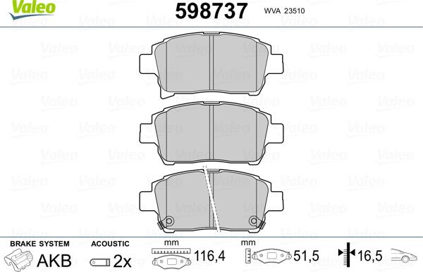 Valeo 598737 - Тормозные колодки, дисковые, комплект autospares.lv