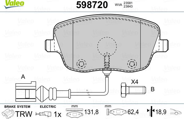 Valeo 598720 - Тормозные колодки, дисковые, комплект autospares.lv