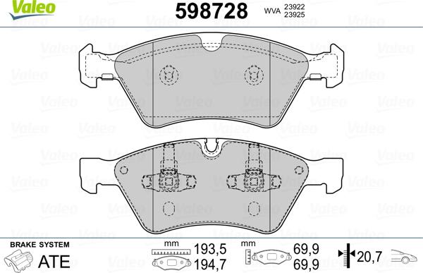 Valeo 598728 - Тормозные колодки, дисковые, комплект autospares.lv