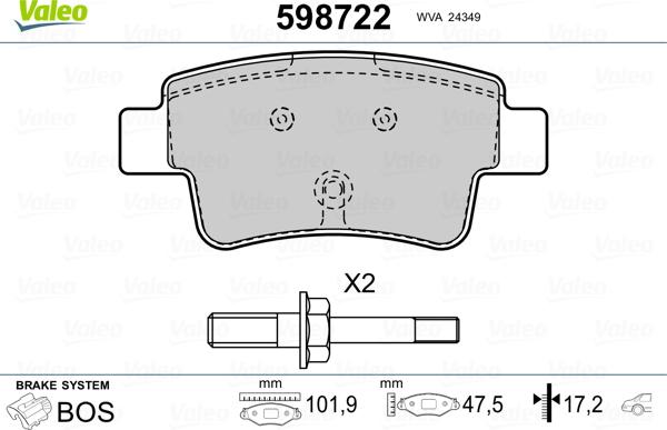 Valeo 598722 - Тормозные колодки, дисковые, комплект autospares.lv