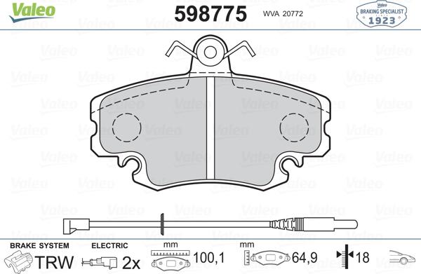 Valeo 598775 - Тормозные колодки, дисковые, комплект autospares.lv