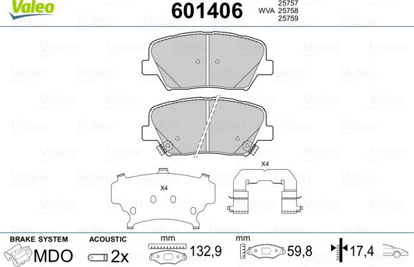 Valeo 601406 - Тормозные колодки, дисковые, комплект autospares.lv