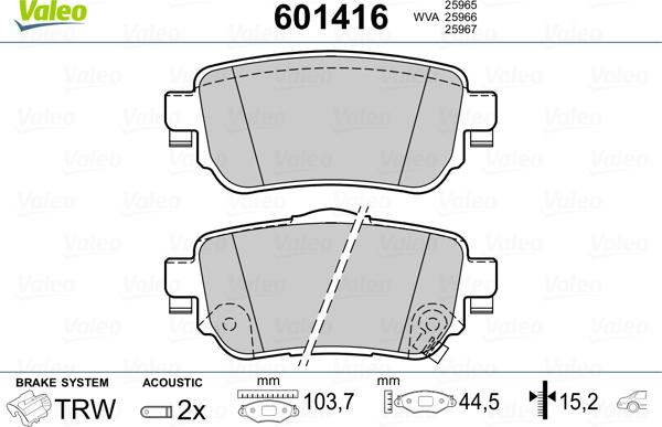 Valeo 601416 - Тормозные колодки, дисковые, комплект autospares.lv