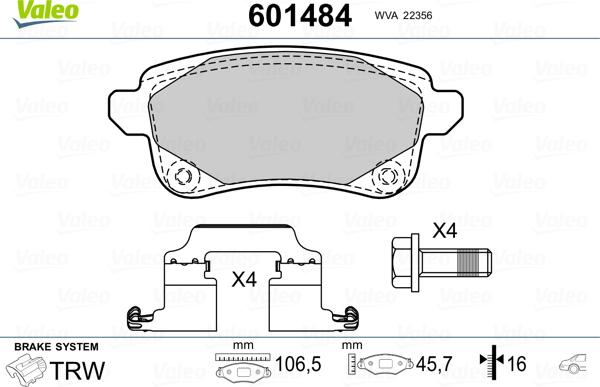 Valeo 601484 - Тормозные колодки, дисковые, комплект autospares.lv