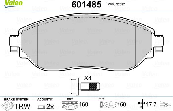 Valeo 601485 - Тормозные колодки, дисковые, комплект autospares.lv