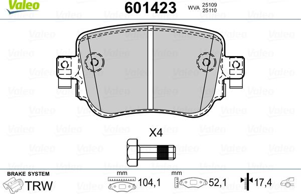 Valeo 601423 - Тормозные колодки, дисковые, комплект autospares.lv