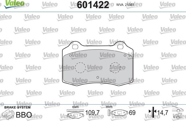 Valeo 601422 - Тормозные колодки, дисковые, комплект autospares.lv