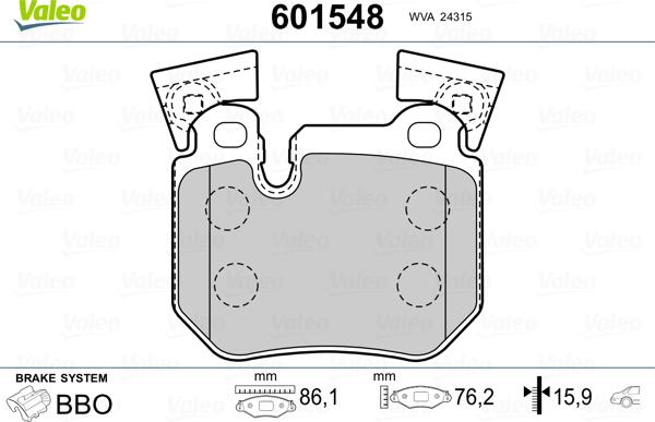 Valeo 601548 - Тормозные колодки, дисковые, комплект autospares.lv