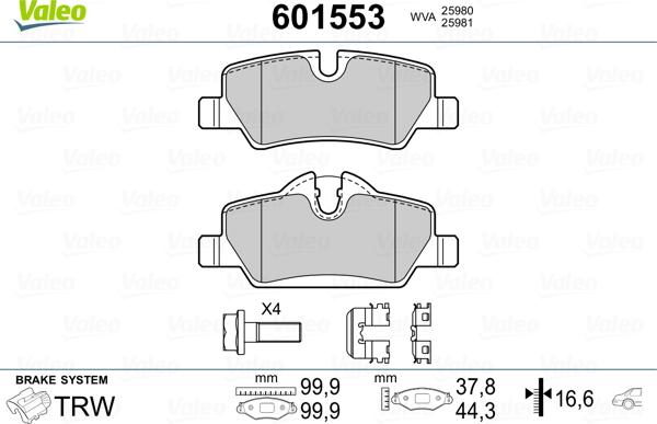 Valeo 601553 - Тормозные колодки, дисковые, комплект autospares.lv