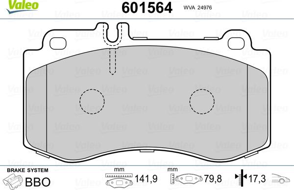 Valeo 601564 - Тормозные колодки, дисковые, комплект autospares.lv