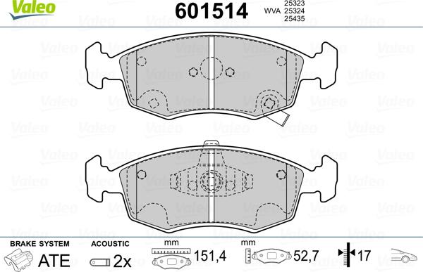 Valeo 601514 - Тормозные колодки, дисковые, комплект autospares.lv