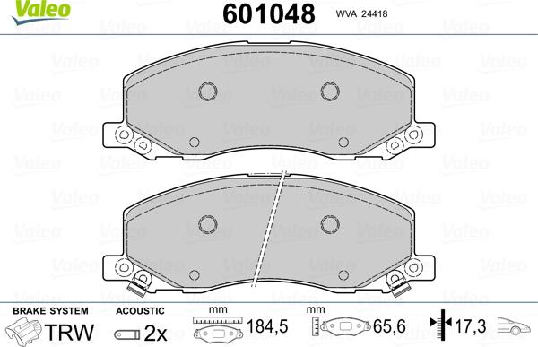 Valeo 601048 - Тормозные колодки, дисковые, комплект autospares.lv