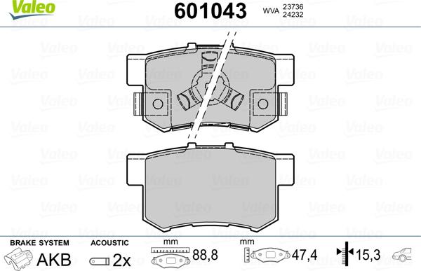 Valeo 601043 - Тормозные колодки, дисковые, комплект autospares.lv