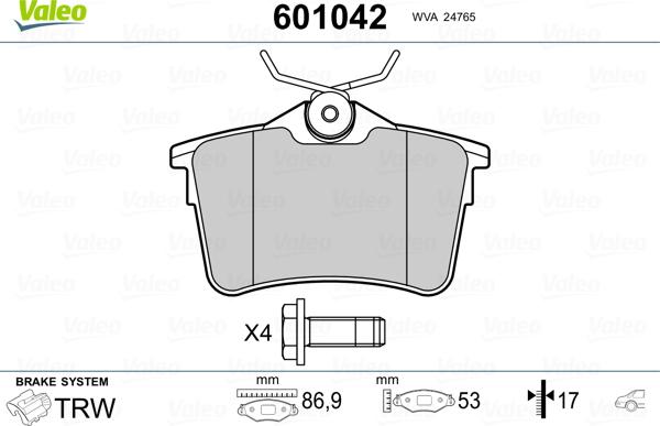 Valeo 601042 - Тормозные колодки, дисковые, комплект autospares.lv