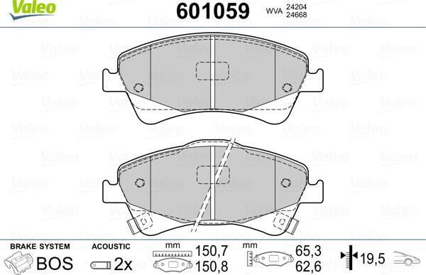 Valeo 601059 - Тормозные колодки, дисковые, комплект autospares.lv