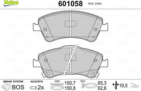 Valeo 601058 - Тормозные колодки, дисковые, комплект autospares.lv