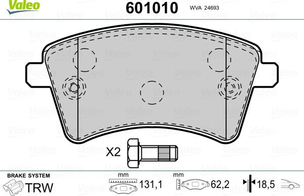 Valeo 601010 - Тормозные колодки, дисковые, комплект autospares.lv