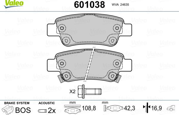 Valeo 601038 - Тормозные колодки, дисковые, комплект autospares.lv