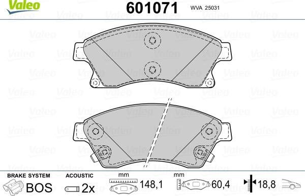 Valeo 601071 - Тормозные колодки, дисковые, комплект autospares.lv