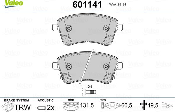 Valeo 601141 - Тормозные колодки, дисковые, комплект autospares.lv