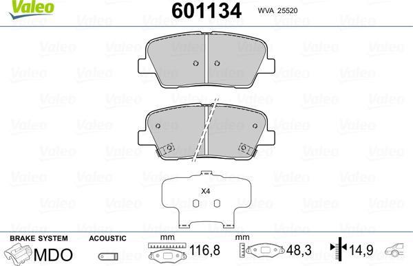 Valeo 601134 - Тормозные колодки, дисковые, комплект autospares.lv